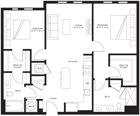 Floor plan for 2 beds, 2 baths, 1110 sqft